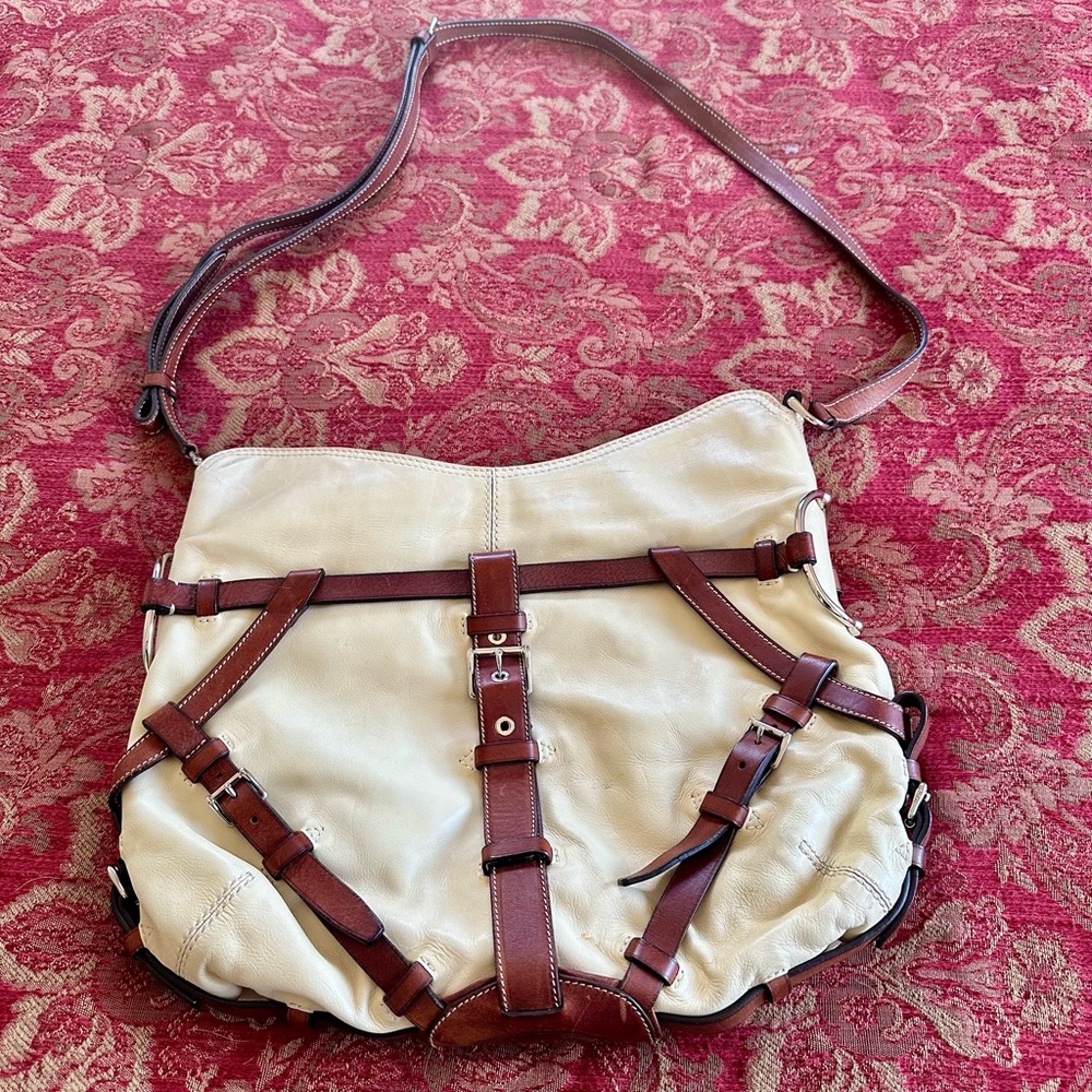 Stunning Tod's Cream and Brown Shoulder Bag with Leather Accents